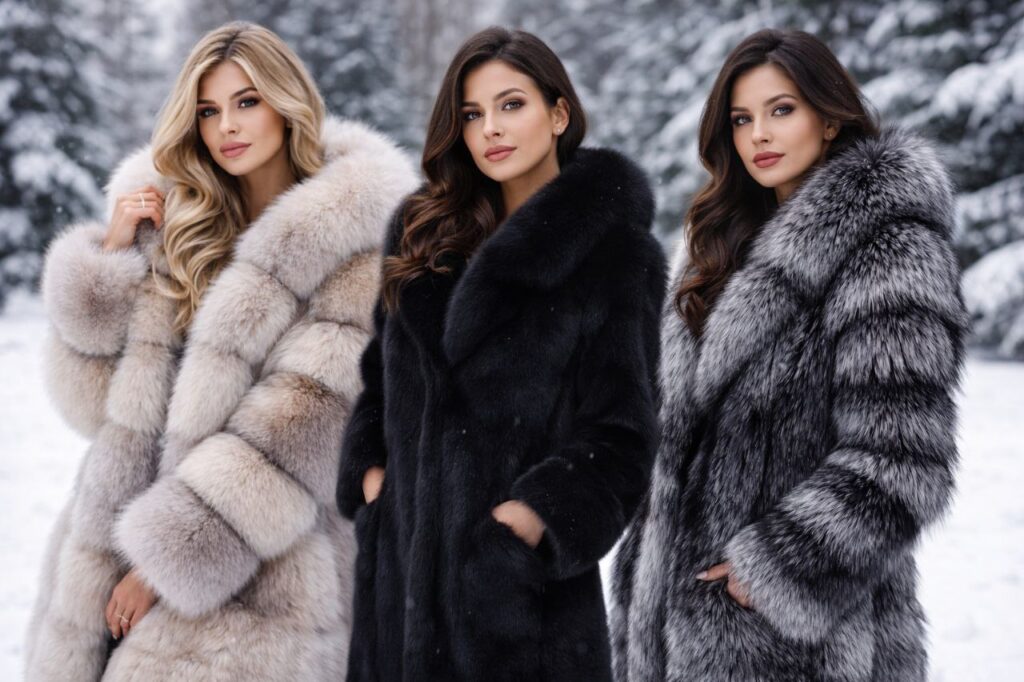 Колекція натуральних хутряних шуб з песця, норки та чорнобурки у зимовому стилі